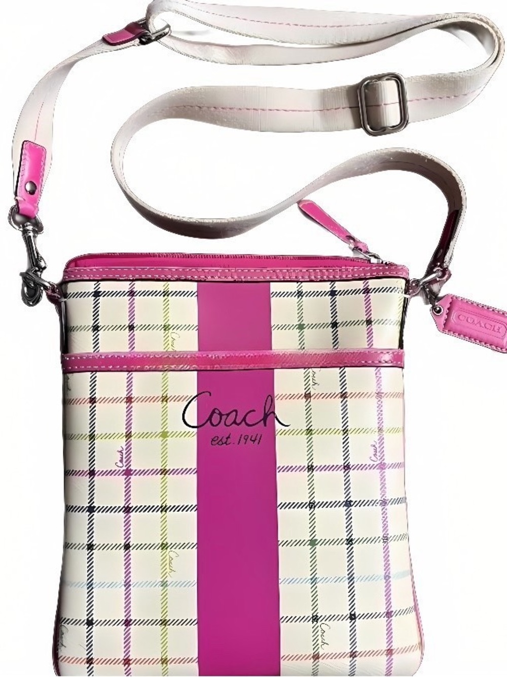 Coach Tattersall Plaid Crossbody Swingpack Fuchsia hangtag Y2K